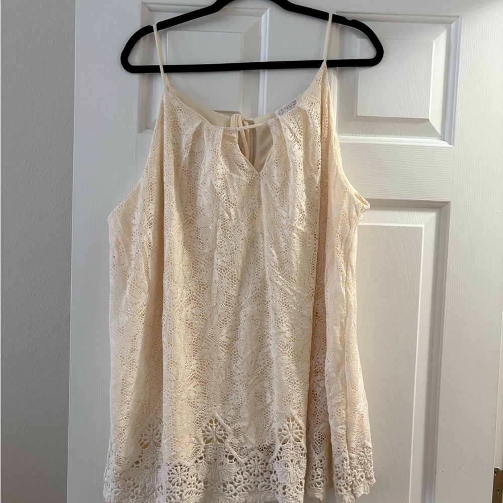 VENUS Cream Lace Crochet Cami with Tie Neck
